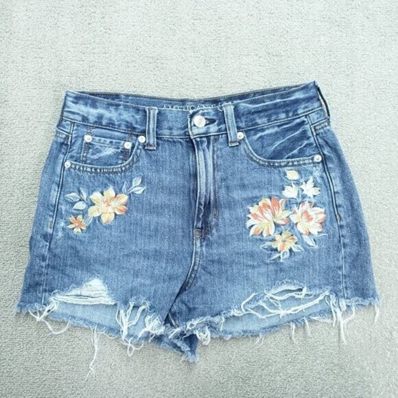American Eagle Outfitters Pants - American Eagle Mom Shorts Women Size 2 Blue Denim Floral‎ Embroidered Distressed